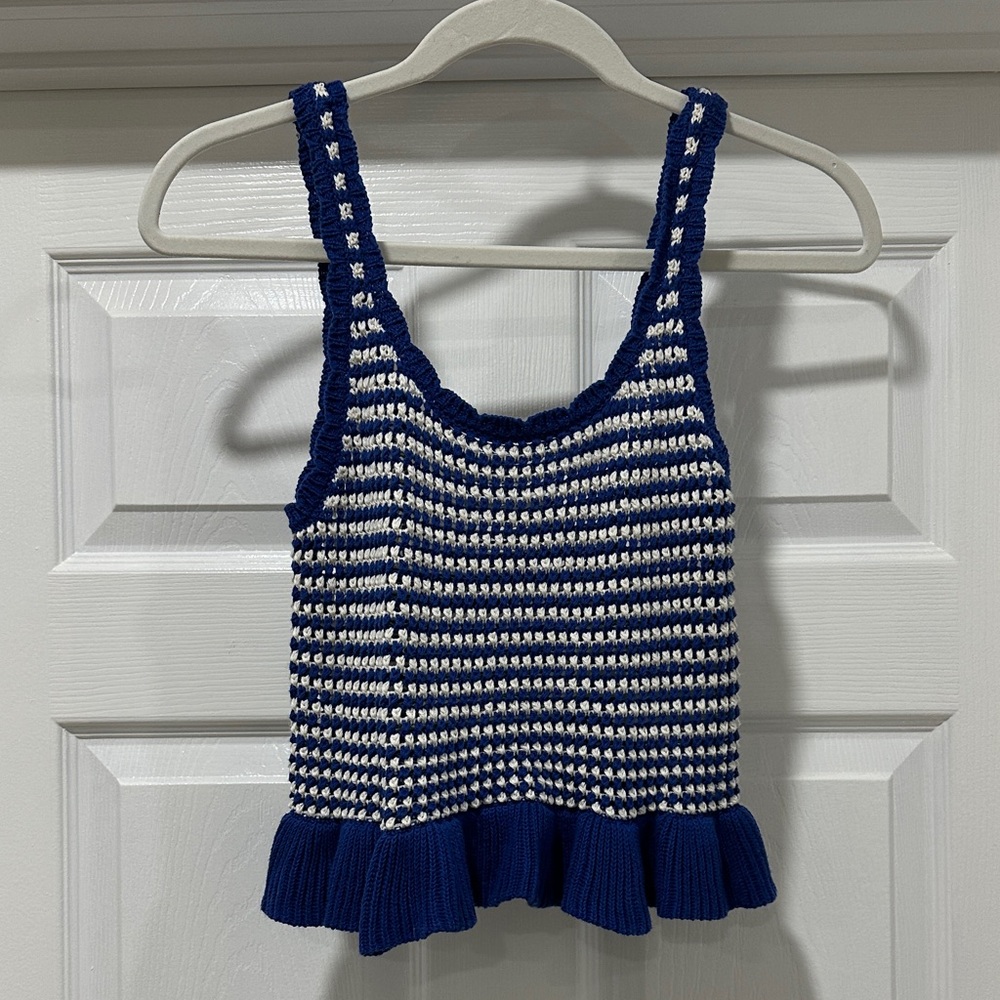 Navy and White Striped Knit Peplum Tank Top